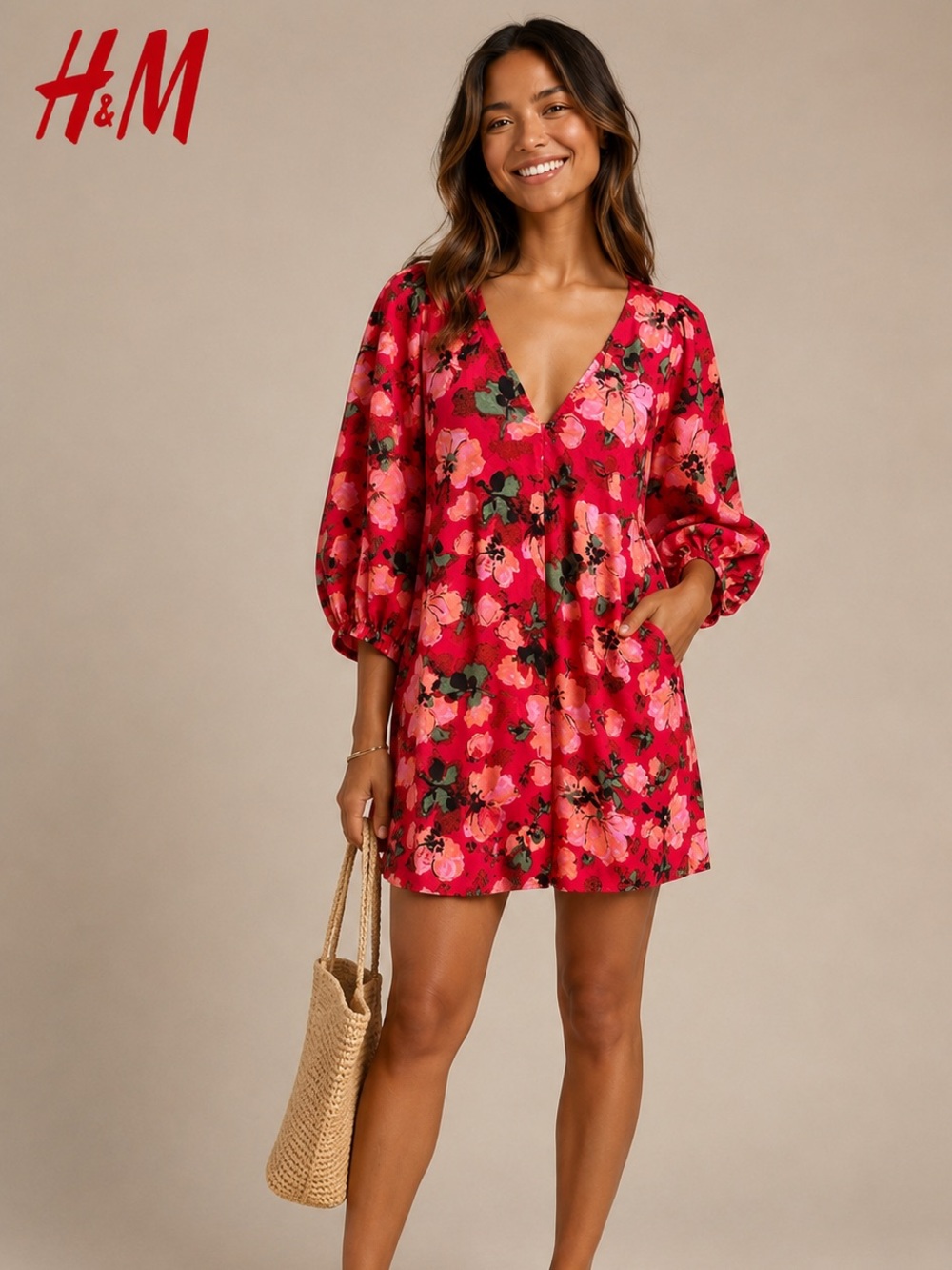 H&M Floral Mini Dress Pink Red Puff Sleeve V-Neck Lightweight Boho Size S/M